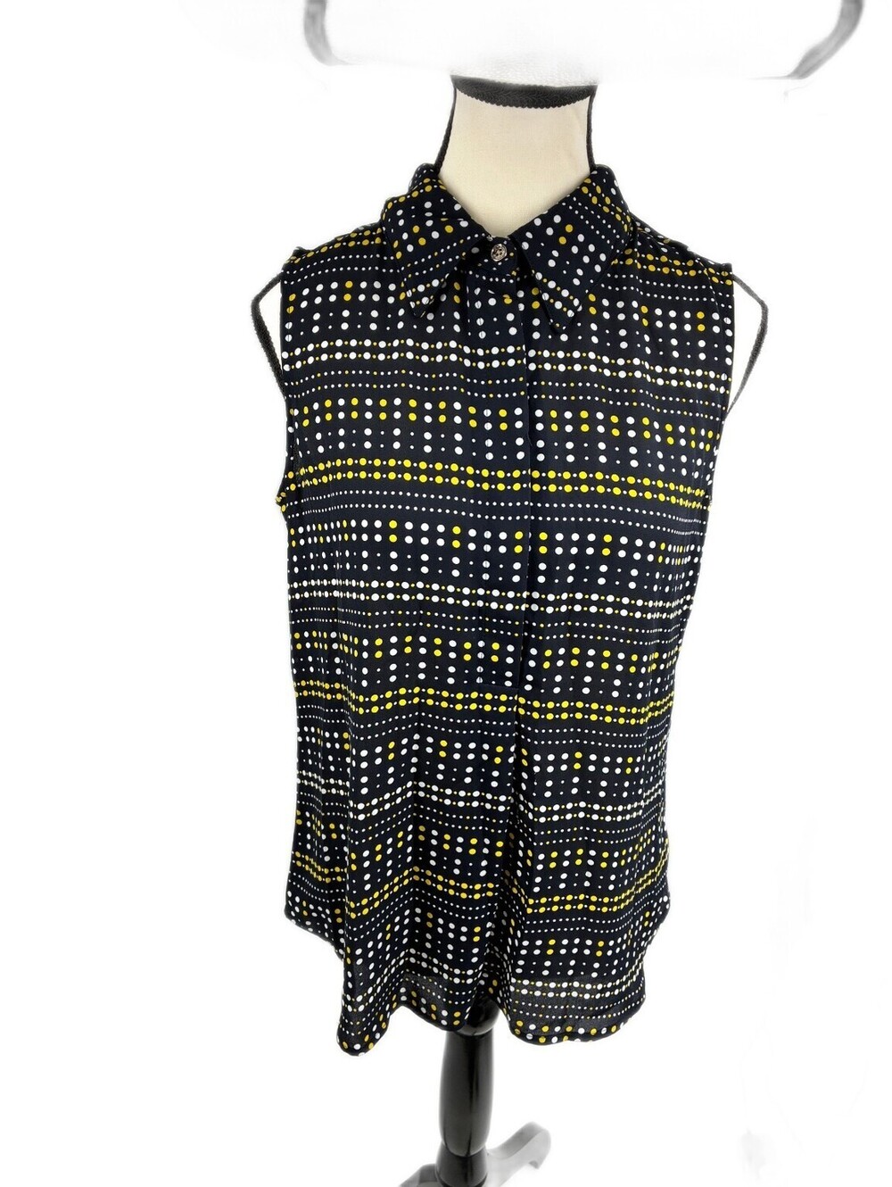 Tommy Hilfiger Womens Sleeveless Collared Blouse Polka Dot Black Yellow White S